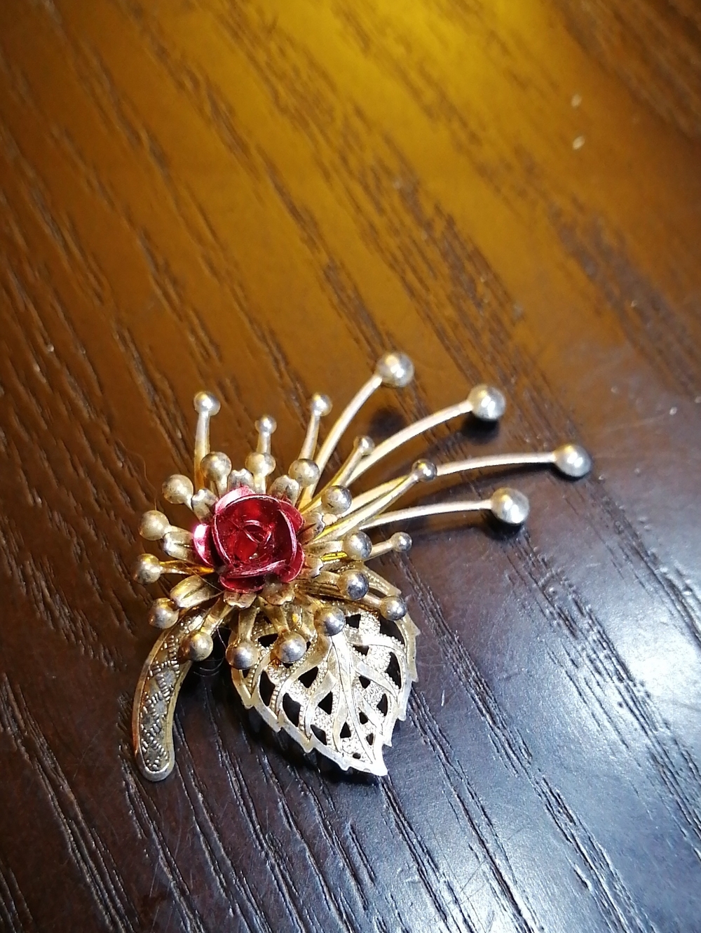 Gold-tone Floral Vintage Brooch with Red Rose Accent